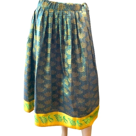 Uma Nomad Green Gold Boho Pleated Patterned Slit A-Line Indie Maxi Skirt Size 28 - Picture 1 of 12